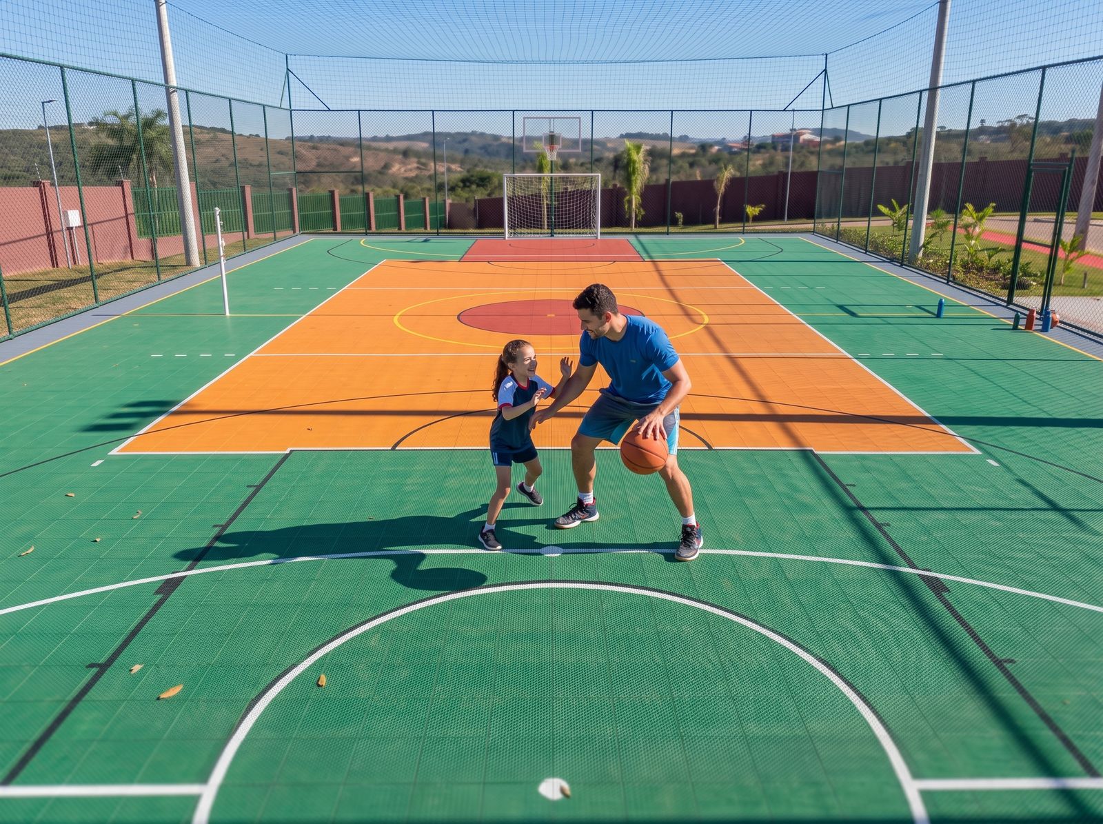 Pai e filha jogando basquete na quadra poliesportiva